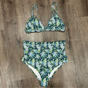 Out From Under Urban Outfitters Floral High-Waisted Bikini Set Blue Green Small